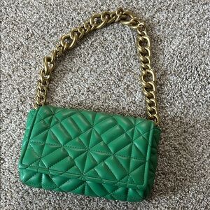 Zara Green Quilted Shoulder Bag with Gold Chain